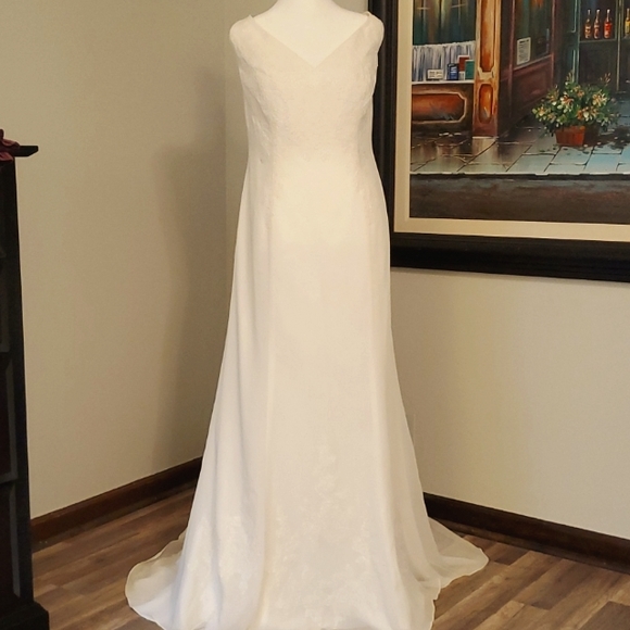 Galina Dresses & Skirts - Galina Ivory Chiffon Wedding Gown with Lace and Cascading Ruffle Train Size 16W